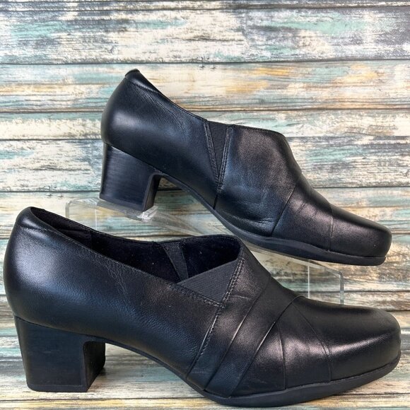 Clarks Shoes - Clarks Booties Womens Size 11XW Black Leather Slip On Block Heel Round Toe